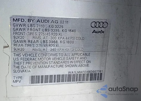 2011 Audi Q7 3.0 Tdi Premium из США, поврежденный, VIN WA1LMAFE4BD007761